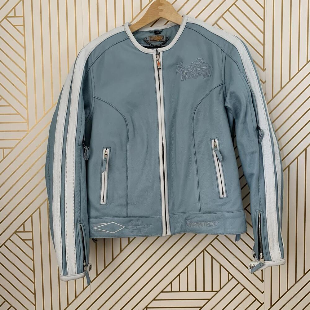 Power trip Rascal Flats Here’s to you baby blue leather moto jacket Striped  M